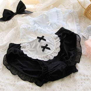Lolita uniforme empregada calcinha de seda gelo escuro menina rendas cintura média calcinha estilo japonês lolita a002