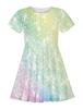Vestido Curto Casual para Meninas com Estampa Digital 3D Europeia e Americana Arco-Íris Rosa Lilás Romântico Pintura Estrela