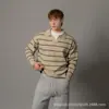 Suéter de Tricô com Gola Listrada Asclo para Homens, Luxo Leve, Alta Elasticidade, Caimento Solto, Estilo Preguiçoso, Suéter de Manga Longa, Top Pulôver Versátil