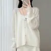 Cardigan de Tricô Gola V Liso Lã Nova Outono/Inverno 2026 Manga Longa Feminino Borda Desfiada Solto Cor Sólida Top Suéter de Lã