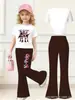 Conjunto de duas peças estilo rua para menina grande com estampa fofa, top de manga curta estilo coreano em desenho animado de seda de leite e calça boca de sino