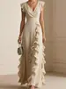 Nuevo vestido francés de gasa transfronterizo, vestido largo con escote en V, cintura fruncida y mangas cortas volantes, ropa de mujer