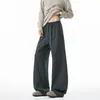 Pantalones de algodón chino gris jaspeado con pliegues y dobladillo curvo, unisex, corte holgado, pants deportivos de pierna ancha con cordón, ropa deportiva casual retro americana