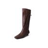 Botas Rider de Cuña de Diseño Nicho Francés de Piel de Vaca Entera Otoño e Invierno 2024 Tacón Bajo Punta Cuadrada Pequeña Botas Altas de Cuero para Mujer