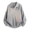 Camisa polo de tricô retrô estilo coreano com gola V para outono e inverno, masculina, de corte solto, com colarinho, tricô de base para homens