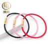Pulsera Nueva de Acero Inoxidable con Cierre de Giro y Cordón de Cuero en Rojo y Negro con Cuenta de la Fortuna, Pulsera de Oro Duro 3D, Diseño Simple