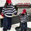 Conjunto de Rayas Anchas con Cuello Alto para Niña, Nuevo Estilo Otoño 2026, Sudadera con Media Cremallera y Pantalones de Pierna Ancha Set de Dos Piezas para Niños Tallas Mediana y Grande