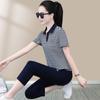 Traje deportivo para mujer de verano a rayas, polo de manga corta, pantalones capri para correr, talla pequeña para hombre, ropa para correr matutina, conjunto casual de dos piezas