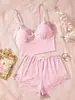 2026 Novo Conjunto Europeu e Americano Transfronteiriço Feminino para Casa Pijama Camisola Shorts Cor Sólida Patchwork com Bojos Feminino