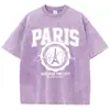 Camiseta Informal Transfronteriza para Mujer Lavado Ácido Camiseta con Estampado Ciudad Descubrimiento París Algodón Desgastado Manga Corta Moderna Negra para Mujer