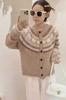 Cardigan de Punto Hecho a Mano con Flores de Cuello Redondo Casual 2025 Chaqueta de Punto Ajustada Nueva para Mujer Otoño e Invierno