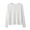 Nova camiseta fina de lã lyocell com ombros retos, gola redonda, corte slim e mangas compridas para primavera-outono feminina