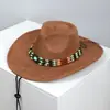 Estilo Étnico Sombrero de Vaquero Occidental Retro Protección Solar al Aire Libre Sombrero Transfronterizo con Cuentas Sombrero de Gamuza de Ala Ancha para Mujer