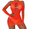 N-6030 Ropa interior sexy para mujer con borde cruzado, falda de malla con mangas y cadera, bodystocking