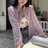 Camisa a Cuadros Rosa y Morada para Mujer, Primavera y Otoño Holgada Elegante Juvenil Versátil Delgada Chaqueta de Oficina