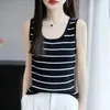 Camisola de algodão puro transfronteiriça, top de malha feminino, novo para primavera e verão, gola redonda baixa, caimento justo, listrado, roupa íntima, blusa sem mangas, camisola