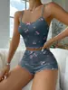 Novo conjunto estampado Cereja Fofo Estampado Cor Sólida Roupa de Casa Laço Confortável Alça Longa Pijama conjunto