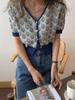 Cardigan de punto retro de verano 2024 con estampado roto, dulce japonés, versátil, cuello en V, de un solo botón, top de manga corta para mujer