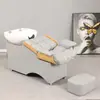 Cama de champú semi-reclinable de color personalizado para salón con lavabo de cerámica engrosado, cama de champú para venta al por mayor transfronteriza con reposapiés