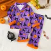 Conjunto de Pijama de Halloween para Niños Cardigan Morado con Solapas Estampado de Calabaza y Gato Negro Puños de Felpa Pantalones Largos Ropa de Casa