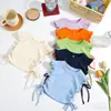 Top de manga corta para niña, verano, corto, color sólido, versátil, elegante, rosa, ropa infantil, cordón, camiseta dopamina