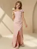 Vestido de gala rosa de un solo hombro de satén para niñas europeas y americanas, disfraz de actuación largo con abertura, vestido de florista, dama de honor de boda, princesa