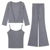 Conjunto esportivo casual com cardigã de manga longa curta, top regata e calça pantalona com cordão para mulheres na primavera e no outono, conjunto de três peças cinza