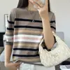 Camiseta de verano nueva de algodón puro de punto, con cuello redondo, rayas de bloques de color, manga corta, estilo coreano, corte holgado, top simple y versátil