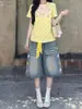 Shorts de verano de mezclilla para mujer talla grande, estilo vintage americano, pantalones rectos de pierna ancha de cintura alta holgados y adelgazantes, de longitud media, para mujeres de talla grande