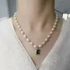 Collar de Perla de Agua Dulce Cuadrada Diamante Verde Arroz Temperamento Femenino Celebridad de Internet Diseño de Nicho Cadena para Clavícula con Cuentas de Cobre Espaciadas