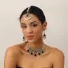 Collar con Borlas de Perlas, Flor de Pedrería, Aretes y Cadena para la Frente de Estilo Étnico Indio Transfronterizo, Joyería de Moda, Juego de Tres Piezas