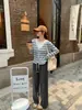 Cárdigan de Punto Bloque de Color Rayas Cuello en V Falso Dos Piezas para Mujer, Estilo Coreano Otoño, Top de Diseño Corto para Figuras Pequeñas