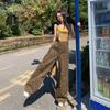 Moda Nova Primavera 2025 Design Macacão Estampa de Leopardo Feminino Solto Cintura Alta Emagrecedor Pingente Perna Larga Calça Jeans