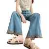 Jeans de Pierna Ancha Bordados con Encaje Vintage para Mujer, Otoño Talla Grande de Cintura Alta Sueltos Estilizadores Estilo Coreano Pantalones Cortos