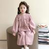 Conjunto de Algodão com Laço para Meninas Estilo Primavera e Outono Moda Infantil Coreana Menininha Casual Calças de Perna Larga Conjunto de Duas Peças