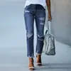 Calça Jeans Feminina Rasgada Estilo Americano, Cintura Alta, Não Elástica, Corte Reto, Slim Fit, Calça Jeans Casual para Mulheres, Peça Única Dropshipping