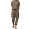 Traje de verano de algodón y lino para mujer, de comercio exterior transfronterizo, con media manga y cuello redondo, blusa extragrande, pantalones de pierna ancha, traje vintage.