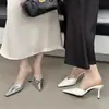 Chuyuji 2026 Novo Estilo Coreano Feminino Prata Verão Exterior Elegante Salto Alto Bico Fino Chinelos Mule