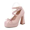 Novos Sapatos Mary Jane Estilo Francês para Mulheres com Tiras Cruzadas, Bico Redondo, Saltos Grossos, Salto Alto Plataforma para Pessoas Baixas, Sapatos de Exportação