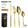 Juego de cubiertos de acero inoxidable Amazon transfronterizo, cuchillo, tenedor y cuchara, 24 piezas, para 6 personas, mango cuadrado, cuchillo, tenedor y cuchara para bistec occidentales