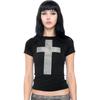 Europeu e Americano 2025 Verão Novo Estilo Gótico Cruz Hot Diamante Estampado Gola Redonda Camiseta Slim Curta