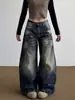 Jeans Reto Largo Lavado Gradiente Curvo Estilo Retro Americano Plus Size para Homens e Mulheres, Calça de Perna Larga Reta Solta Rasgada Estilo Streetwear Tendência