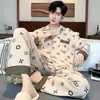 Pijama de Algodón Puro para Hombre, Cárdigan de Primavera y Otoño, Pantalones de Manga Larga, Ropa de Casa Sencilla Casual Estilo Coreano, Traje Holgado de Talla Grande