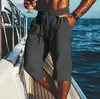 2025 Nuevos Pantalones Capri para Hombre Lino Verano Shorts de Playa Bolsillo Cordón Cintura Elástica Color Sólido Cuadros Transpirable