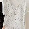 Novo vestido de noite coreano de seda gelada canelado para o verão com estampa floral, decote V branco, vestido de casa soltinho de manga curta para mulheres