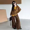 Conjunto de dos piezas de punto a rayas estilo coreano para niñas con pantalones de pierna ancha, nueva colección de otoño, conjunto de dos piezas a la moda para niños mayores