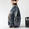 Jeans azules rotos para mujer y hombre, nuevo estilo de verano 2026, estampado de letras, pantalones casuales de largo hasta el suelo, Xintang transfronterizo en stock