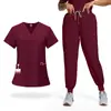 Elástico Secado Rápido 42109 Ropa para Lavar para Hombres y Mujeres Cuello en V Bolsillo Simple Traje de Doctor Enfermera Conjunto de Dos Piezas para Hombres y Mujeres