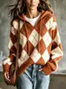 Suéter con Capucha de Cuadros de Venta Caliente en Amazon Tiktok para Mujer Cuello en V Cordón Estilo Perezoso Otoño/Invierno Jersey de Punto