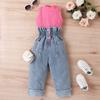 Ropa Infantil Transfronteriza Europea y Americana Conjunto de Dos Piezas para Niñas Verano Liso Sin Mangas Hombro Pulóver Pantalones Vaqueros Rasgados